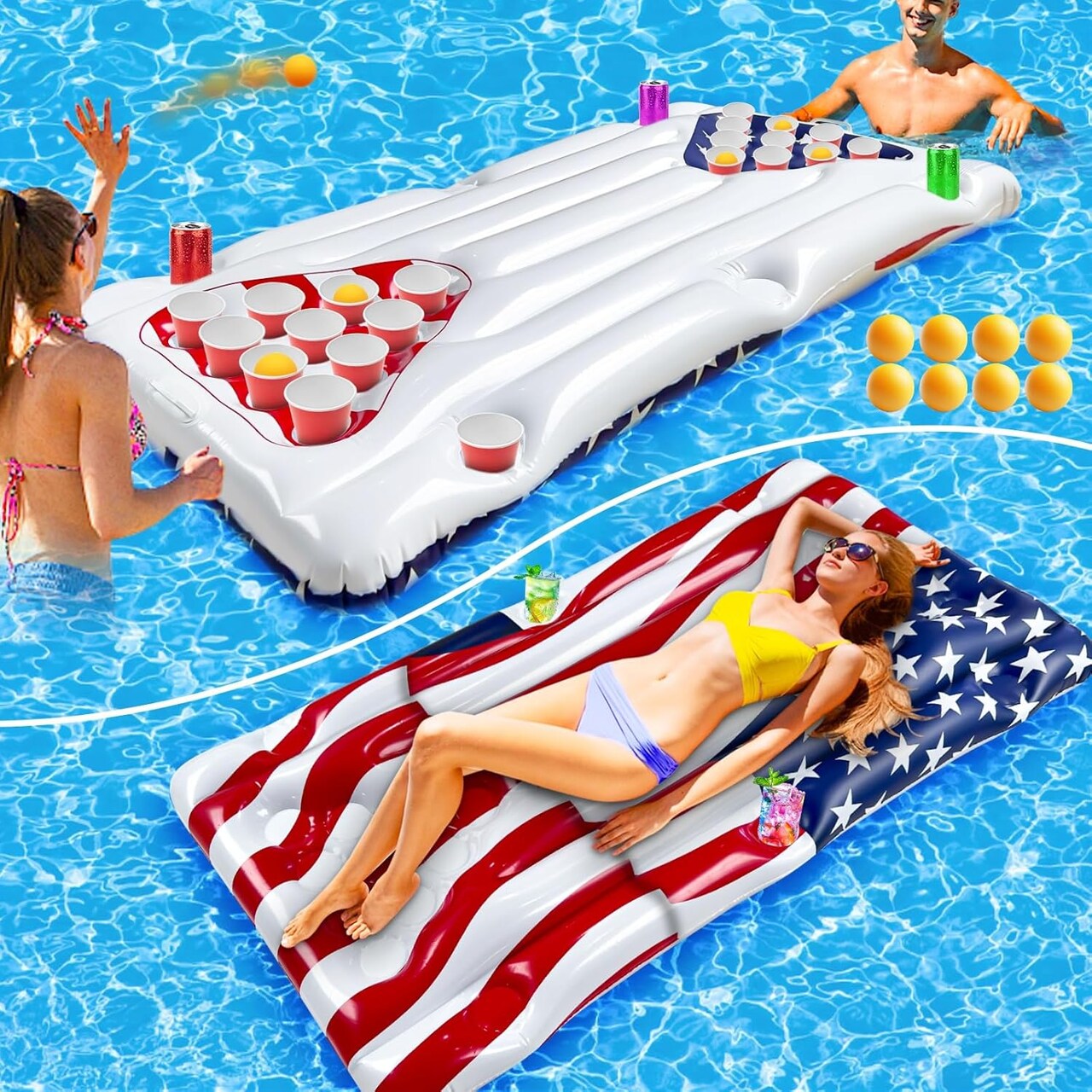 2 in 1 American Flag Pool Float & Pong Game Table with 8 Balls, 6x3 Ft Patriotic Inflatable Lounger for 4th of July Pool Parties, Summer Water Games and Adult Backyard BBQ Pool Party (No Include Cup)